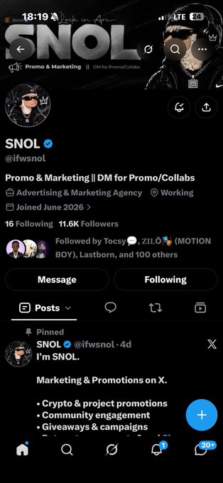 A screenshot of an X (formerly Twitter) profile for "SNOL" (@ifwsnol), a verified account advertising "Promo & Marketing || DM for Promo/Collabs" with 11.6K followers, displaying a pinned tweet about marketing and promotions.
