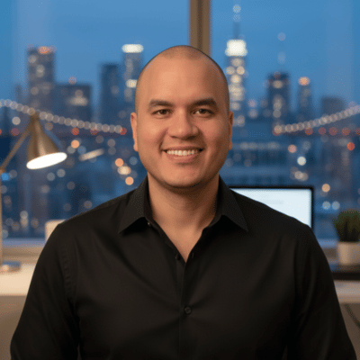 A smiling bald man in a black collared shirt is photographed in a modern office setting with a softly blurred nighttime city skyline, complete with twinkling string lights, visible through the window behind him. The image complements the post by introducing the author as he reflects on his unexpected journey from Telegram group member to Celo's Regional Ambassador for Colombia, lending a personal face to his blockchain story.