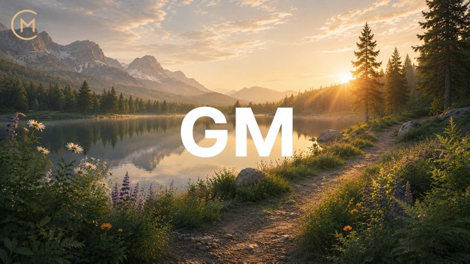 A serene landscape photo of a mountain lake at sunset with wildflowers in the foreground, featuring the text 'GM' in large white letters and a small 'M' logo in the corner.