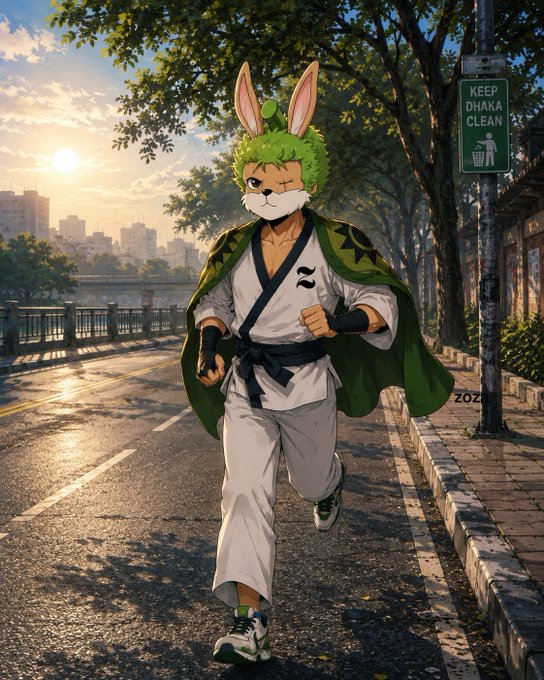An anime-style illustration of a martial artist in white gi and green cape wearing a bunny-eared hood, running on a city street at sunset, with a sign reading 'KEEP DHAKA CLEAN' and the watermark 'zoza'.