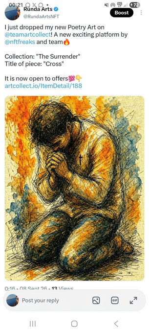 A Twitter/X post by @RundaArtsNFT announcing "I just dropped my new Poetry Art on @teamartcollect" featuring an expressive sketch titled "Cross" from the collection "The Surrender" with a link to artcollect.io.