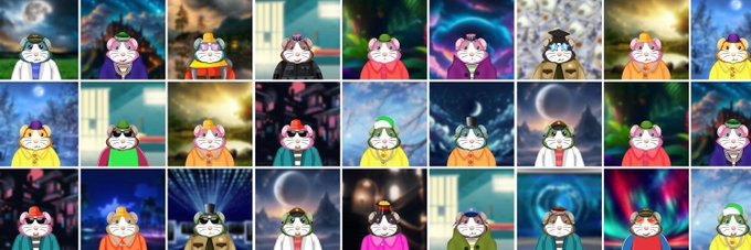 A grid of 27 cartoon hamster illustrations, each wearing different colored hoodies and hats against various colorful backgrounds.