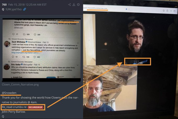A composite image showing a screenshot of a Twitter post by fUWyye1fXo dated Feb 15, 2018, displaying a Q drop about "cryptocurrency ganga" alongside a video call (presumably via search.theoldblocks.com) featuring two men, with an orange arrow pointing from a tweet by "Clown_Comm_Narrative.png" mentioning "SECUREDROP" to a blue SECUREDROP sticker/logo visible on a screen in the video feed, while the accompanying post references Eugene Jarecki's Bitcoin-funded film "The @6BDM_DOC" and Snowden wearing a SECUREDROP t-shirt.