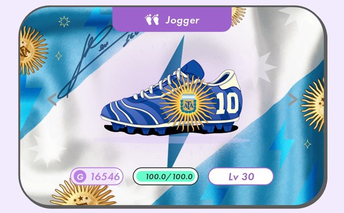 A digital card showing a blue soccer cleat with the number '10' and the Argentina national team crest, categorized as a 'Jogger' item with a value of G 16546 and level Lv 30.