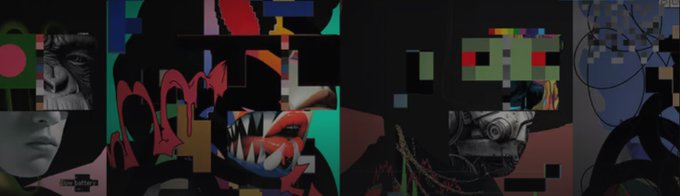A collage of abstract digital artwork featuring various stylized faces, shapes, and pixelated elements in a graffiti-like style.