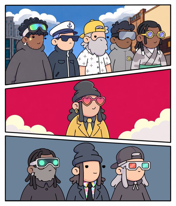 A three-panel comic featuring cartoon characters with sunglasses, including a central figure with heart-shaped glasses in a yellow suit.