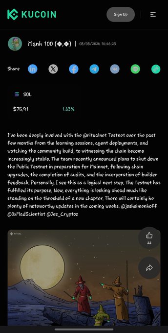 A KuCoin post by Manh 100 discussing the @ritualnet Testnet being shut down to prepare for Mainnet, with the token ticker SOL shown at $75.91.