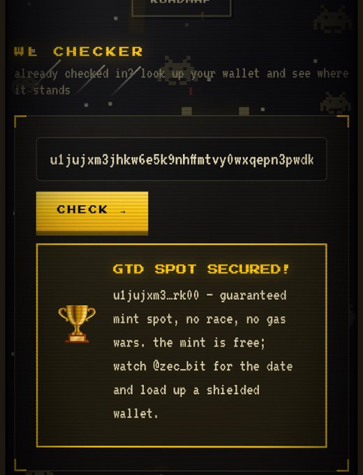 A retro pixel-art style interface for a 'WL CHECKER' tool, showing a wallet address 'u1jujxm3jhkw6e5k9nhffntvy0wxqepn3pwdk' and a 'GTD SPOT SECURED!' message for the handle 'u1jujxm3_rk00'.