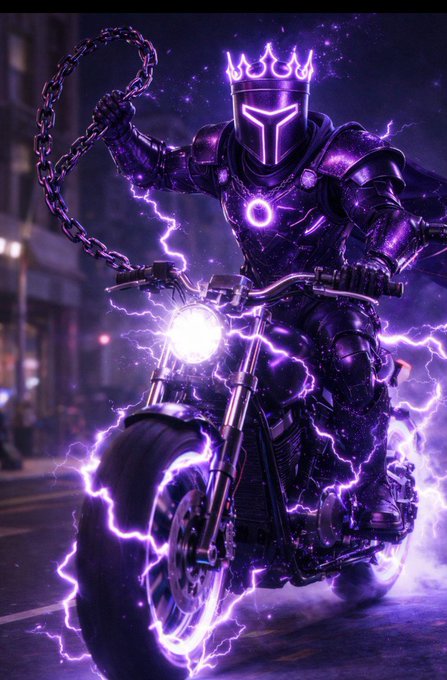 A dark, armored knight with a glowing neon purple crown and visor rides a motorcycle crackling with purple lightning, wielding a chain weapon. The image ties to the post's "getting cooked" theme, presenting the "builder" as a powerful, electrified figure charging into action, while promoting $STKR and @bossdonnft with no visible on-image text.