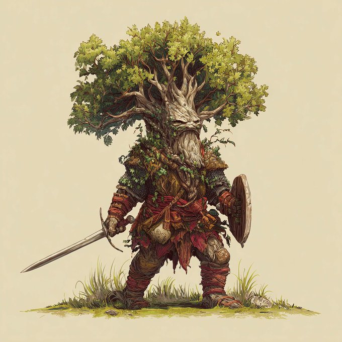 A fantasy illustration of a tree-like humanoid warrior with a trunk and leafy canopy for a head, holding a sword and shield, dressed in tattered cloth and leather armor.