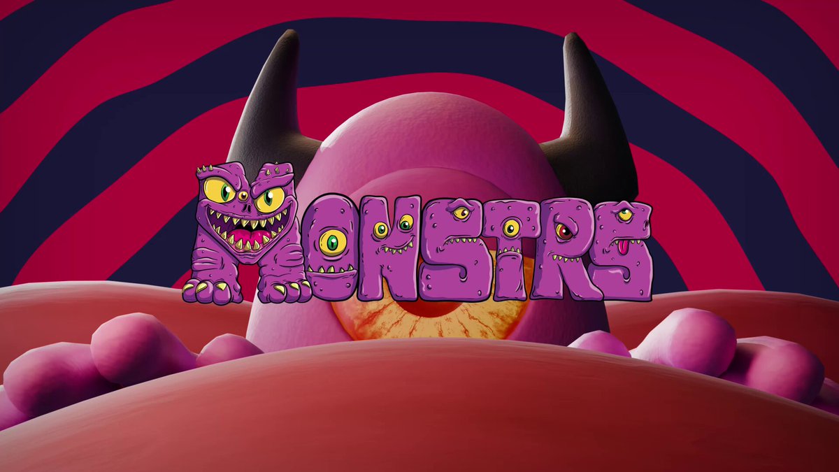 The image shows a cartoon monster with horns sitting next to a red color on a purple background, surrounded by other colored balls or bubbles. The monster's positioning, along with its colorful surroundings, creates an appealing visual effect that captures viewers' attention.