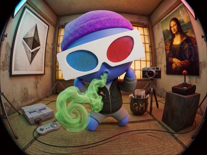 A stylized 3D rendering of a blue character wearing 3D glasses and a purple beanie, blowing green smoke, standing in a room with a Mona Lisa and Ethereum logo painting.