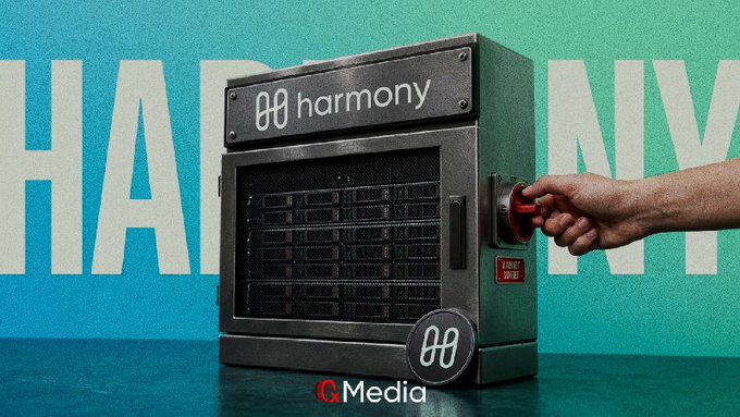 An advertisement for the Harmony blockchain showing a hand turning a red lever on a large industrial machine, with 'HARMONY' in large white letters across a teal background and 'GQ Media' at the bottom.