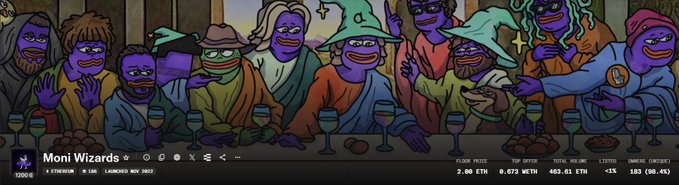 A cartoon illustration of purple-skinned wizard characters seated at a long table with wine goblets; footer text reads 'Moni Wizards' with stats including FLOOR PRICE 2.00 ETH, TOP OFFER 469.83 ETH, and LISTED -13 / 100 (80.4%).