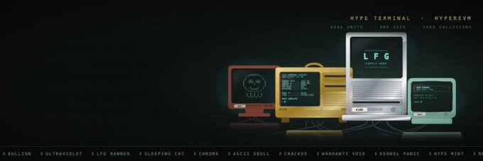 A retro-futuristic tech interface displays "HYPE TERMINAL — HYPEREVM" with monitors showing "LFG SUPPLY 4444," alongside category labels like "LFG RUNNER," "SLEEPING CAT," "CHROME," and "KERNEL PANIC," promoting a giveaway of 7 GTD spots for HypeTerminals requiring EVM wallet comments.