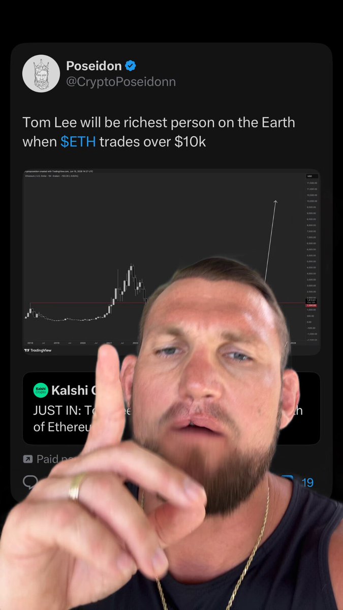 In the image, there's an Instagram story featuring a man with a beard wearing a black tank top. He seems to be making a gesture or pointing at something off-screen. The text displayed on the screen indicates that the photo was taken during a trading session involving cryptocurrency. It's likely a meme or joke related to Tom Lee and his potential wealth in cryptocurrency, referencing the quote "Will Tom Lee be the Richest man in crypto whenETH breaks 10k this cycle? This isn't a crypto trade anymore...this is a generational bet."