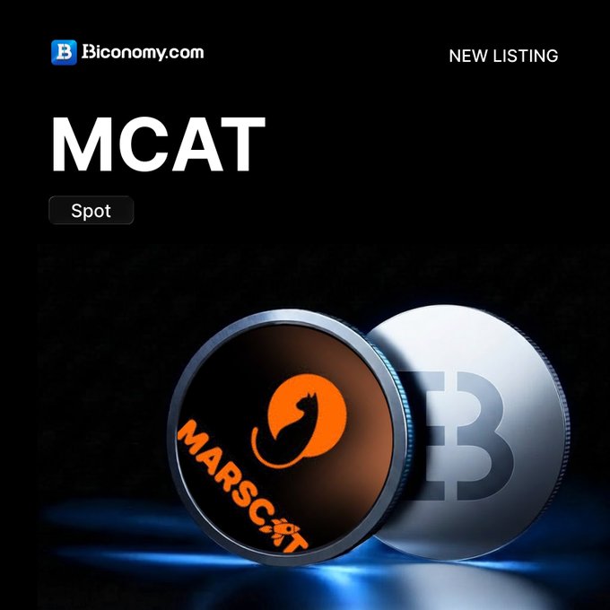 A Biconomy.com new listing announcement for the MCAT token on the Spot market, featuring two large 3D coins—one orange with a Mars cat logo labeled 'MARSCAT' and one silver with a 'B' symbol.