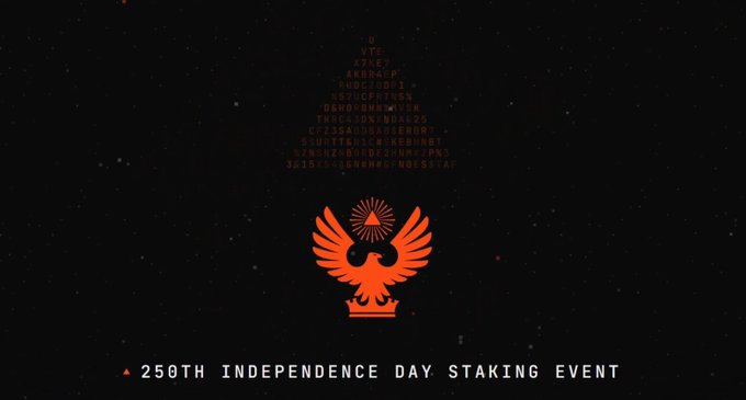 This image displays an orange phoenix emblem with a triangle overhead, set against a starry background, and declares "250TH INDEPENDENCE DAY STAKING EVENT." The visual relates to the accompanying text by referencing the staking event to highlight SL8's focus on "participation over" longer-term approaches to crypto assets.