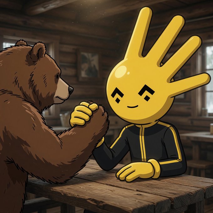 An illustration showing a cartoon bear arm-wrestling a yellow hand-shaped character with a face, wearing a black and yellow tracksuit, at a wooden table in a rustic log cabin setting.