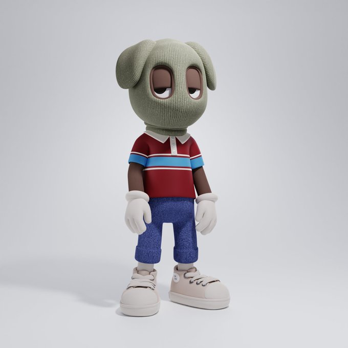 A 3D-rendered character with a beige dog head wearing a red, white, and blue striped polo shirt, blue pants, and white sneakers.