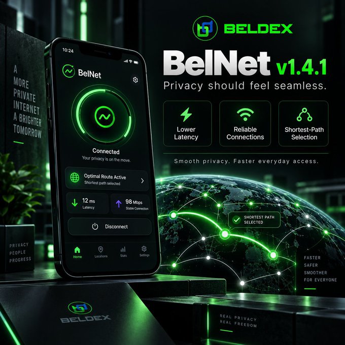 A promotional advertisement for Beldex's BelNet v1.4.1 VPN app, featuring a smartphone displaying the app interface and a digital globe with highlighted network routes, emphasizing features like 'Lower Latency,' 'Reliable Connections,' and 'Shortest-Path Selection.'