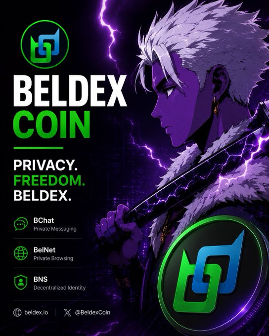 Promotional graphic for 'BELDEX COIN' featuring an anime-style character, with text 'PRIVACY. FREEDOM. BELDEX.' and listing services BChat, BelNet, and BNS.
