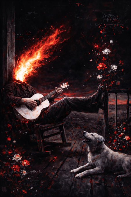Dark fantasy digital painting showing a figure with a flaming head playing an acoustic guitar on a wooden chair, while a wolf-dog looks up at them amidst red flowers.