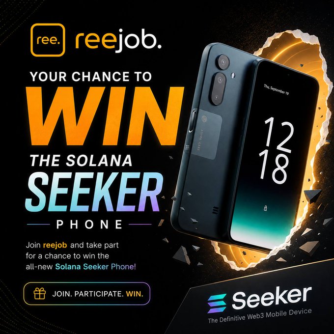 A promotional giveaway graphic from reejob features the bold text "YOUR CHANCE TO WIN THE SOLANA SEEKER PHONE" alongside an image of the black Solana Seeker smartphone (displaying "12 18" on its screen) bursting through a glowing portal, with the reejob logo and a "JOIN. PARTICIPATE. WIN." call-to-action button, promoting their Web3 freelancer marketplace community celebration.