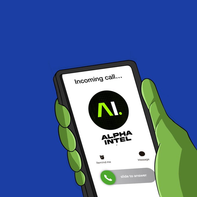 A green cartoon hand holds a smartphone displaying an "Incoming call..." from "ALPHA INTEL" with a green "A.I." logo and "slide to answer" prompt, suggesting Alpha Intel is calling the user. This ties to the post "Wen WL ser @stonkbankers?" by depicting Alpha Intel reaching out, hinting at a potential collaboration or shoutout between the two accounts.