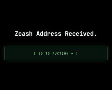 A dark screen displaying the text "Zcash Address Received." with a green button below that reads "[ GO TO AUCTION > ]".