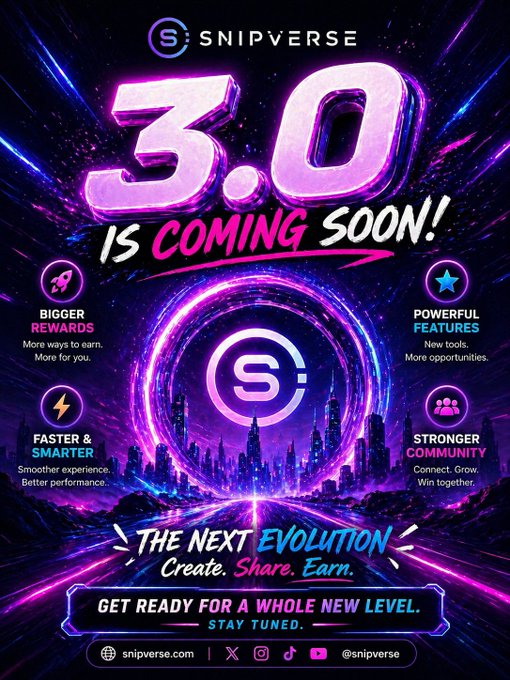 The image features a poster for Snipversse 3.0, an upcoming game that will be available soon. The poster has a purple background with neon pink text, creating a vibrant and eye-catching design. It includes various elements such as logos, icons, and bullet points to convey information about the game's features, benefits, and how it can help users connect, share, and earn. The main focus of the poster is on the upcoming release of Snipversse 3.0, emphasizing its potential for creating a new level in gaming experiences.