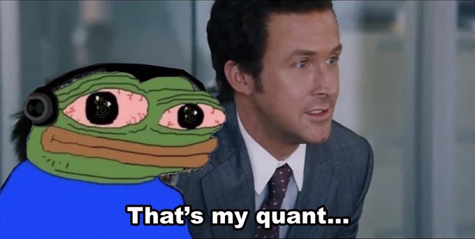 A man in a suit and tie sits next to a sad Pepe the Frog wearing headphones, with the caption "That's my quant..." displayed below them. The pairing of the melancholic meme character with the post "believe in something" humorously plays on the famous Nike/Kaepernick slogan by suggesting disillusionment, likely referencing themes of faith in financial "quants" or algorithms letting someone down.