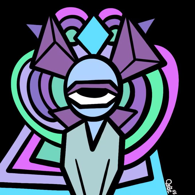 A stylized geometric illustration features a cloaked figure with a glowing horizontal eye, surrounded by sharp triangular and curved shapes in vibrant purple, blue, green, and pink against a black background.