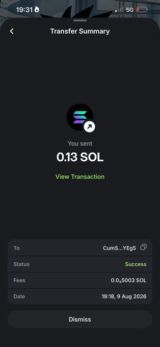 A mobile phone screenshot showing a Transfer Summary on what appears to be a crypto wallet, indicating 'You sent 0.13 SOL' to 'CumS...YEg5' with status 'Success' and fees of 0.0,5003 SOL on 9 Aug 2026.