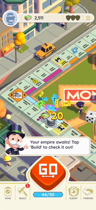 A screenshot of the mobile game Monopoly GO! showing a colorful game board, a Mr. Monopoly mascot, the prompt 'Your empire awaits! Tap 'Build' to check it out!', and an interface displaying a cash balance of 2,511.