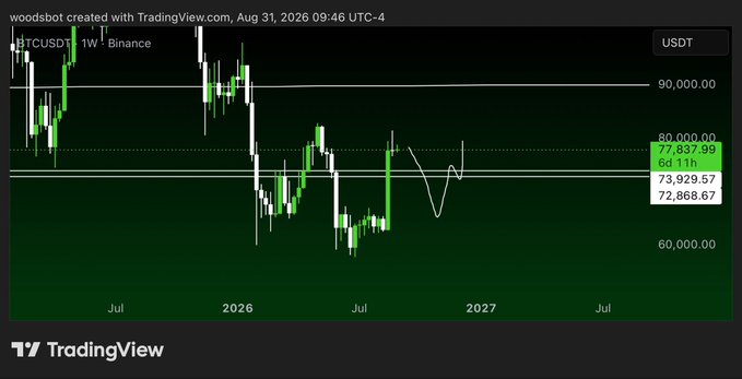 A BTCUSDT 1-week TradingView chart on Binance (August 31, 2026) shows a white hand-drawn projection of price dipping toward the $73,929-$77,837 support zone before sweeping back up through $80,000, illustrating the post's thesis of a long liquidation wipe to the downside followed by a bullish reversal torching late bears.
