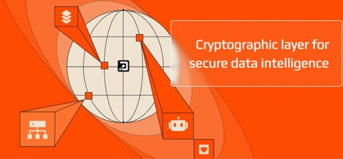 A graphic illustration with an orange background displaying a globe and the text 'Cryptographic layer for secure data intelligence'.