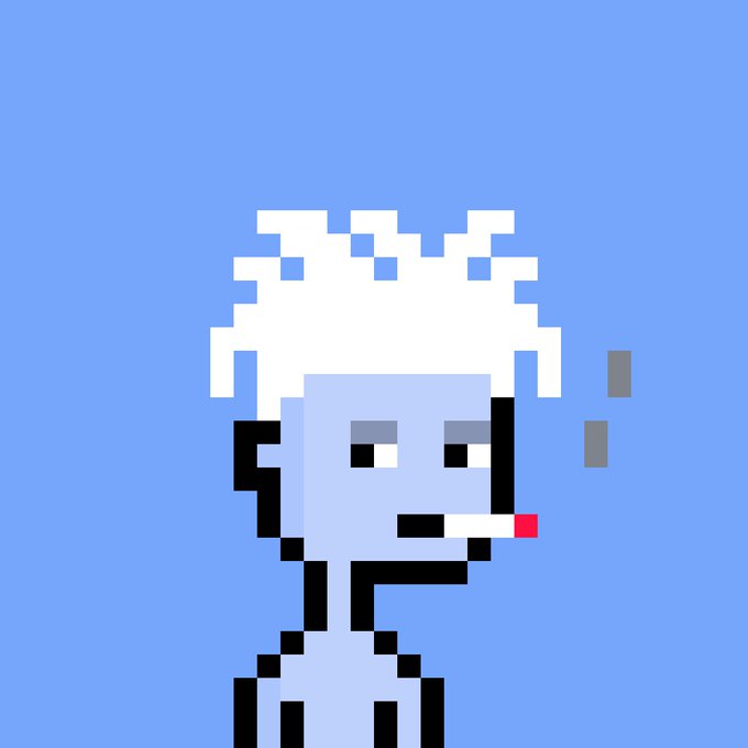 A pixel art illustration of a pale blue-skinned figure with spiky white hair smoking a cigarette against a light blue background.