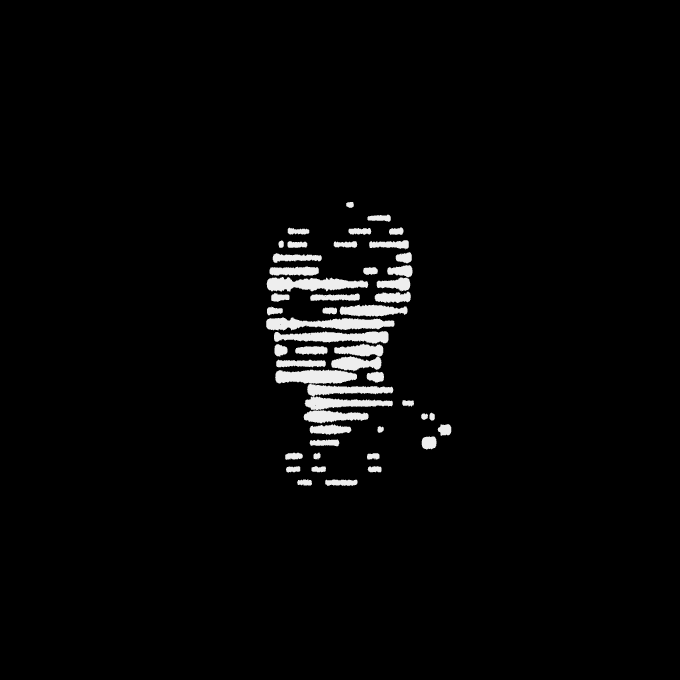 A stylized black-and-white portrait of a smiling man rendered in a horizontal line/glitch effect, resembling the Copypasta text face meme style.