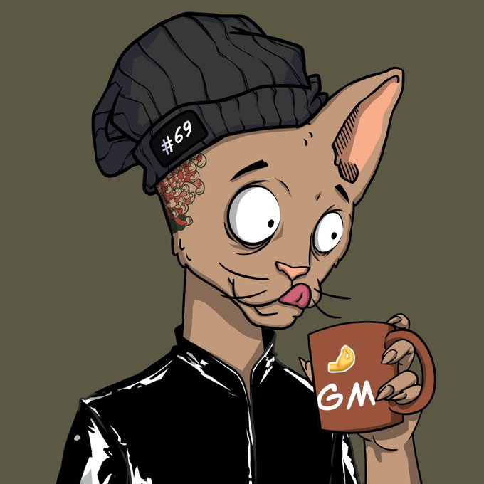 An illustrated anthropomorphic cat character wearing a black beanie marked '#69' and a shiny black jacket, holding a brown coffee mug that says 'GM' with a hand emoji.