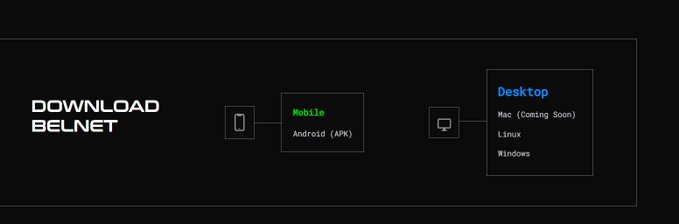 The image shows a "DOWNLOAD BELNET" section with download options for Mobile (Android APK) and Desktop platforms (Mac "Coming Soon," Linux, and Windows). It relates to the post by highlighting where users can get the BelNet privacy-focused app, complementing the explanation of how BelNet protects user privacy through decentralized nodes and onion routing instead of relying on a central server like traditional VPNs.