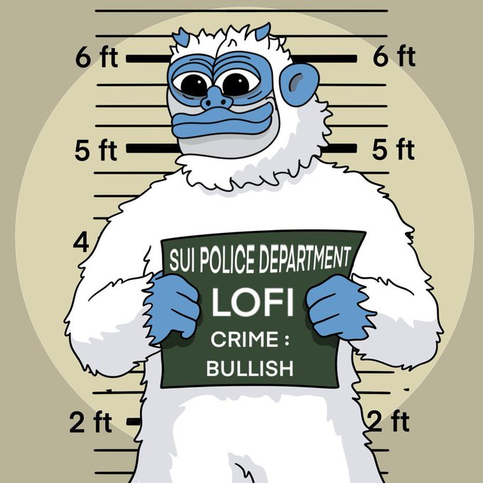 A cartoon illustration of a white yeti in a mugshot poses holding a sign that reads 'SUI POLICE DEPARTMENT, LOFI, CRIME: BULLISH' against a height chart background.