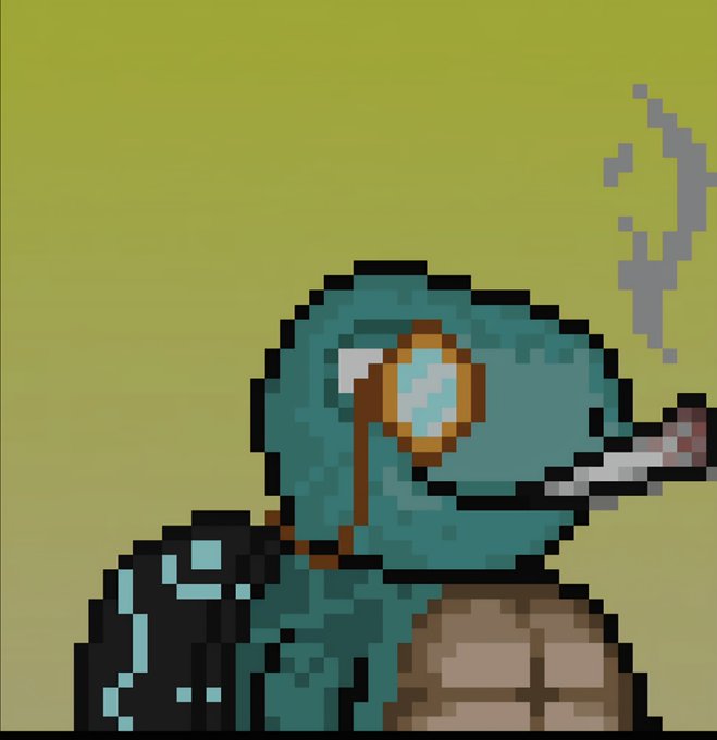 A pixel art illustration of a green robotic character with a glowing blue and orange eye, smoking a cigarette against a yellow background.
