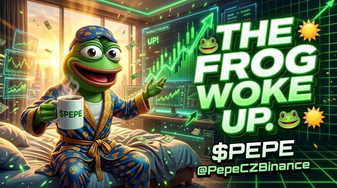 A meme features a cartoon frog in pajamas holding a '$PEPE' mug with text reading 'THE FROG WOKE UP! $PEPE @PepeCZBinance' against a backdrop of green trading charts.