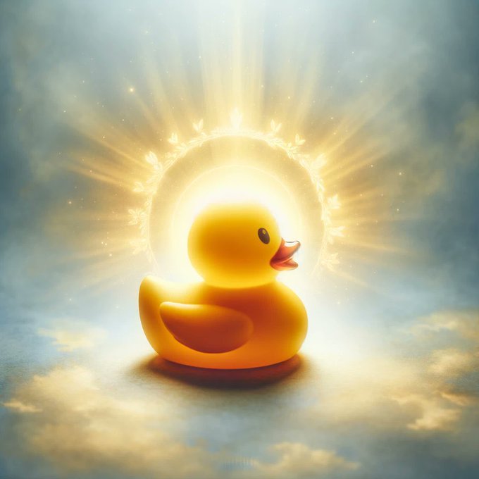 Digital artwork of a glowing yellow rubber duck surrounded by a radiant sun-like halo of light, sitting on a cloud with a soft blue sky background.