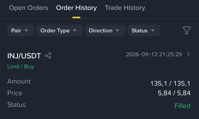 A screenshot of a cryptocurrency trading platform's 'Order History' tab, displaying a filled Limit Buy order for the pair 'INJ/USDT' at a price of 5.84, dated 2026-09-12.