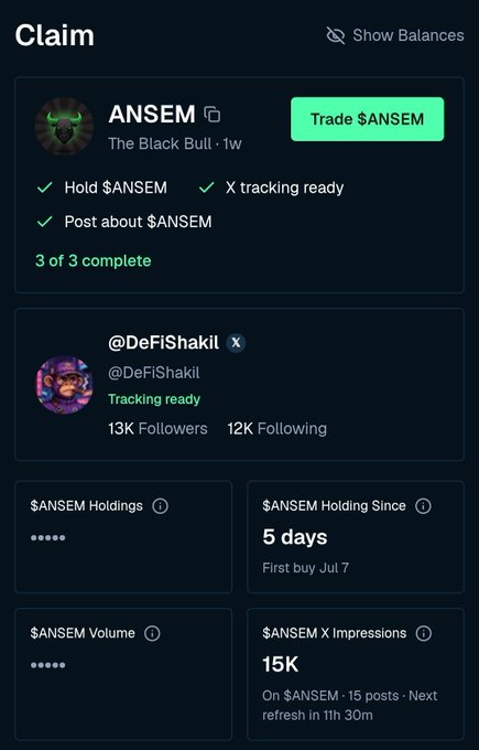 A crypto token claim page for $ANSEM ('The Black Bull') showing 3 of 3 tasks complete, including X tracking, with 15K X impressions, 13K followers, and a 5-day holding period.