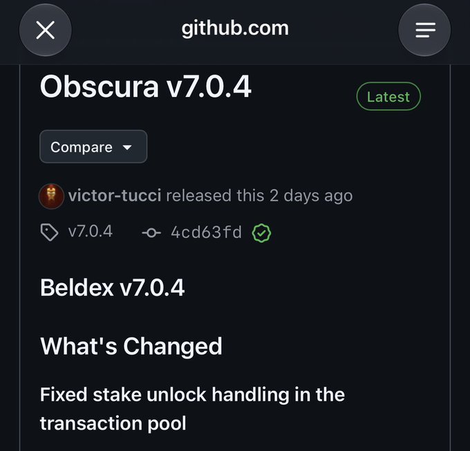 A screenshot of the github.com release page for Obscura v7.0.4 (Beldex v7.0.4), released 2 days ago by victor-tucci, showing the changelog note "Fixed stake unlock handling in the transaction pool" which aligns with the post's mention of transaction pool improvements in the latest binaries.
