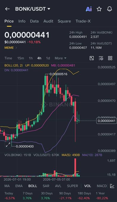 Binance trading chart for BONK/USDT showing the meme token price at 0.00000441 (-10.18%) with a candlestick chart and a one-year decline of -80.22%.