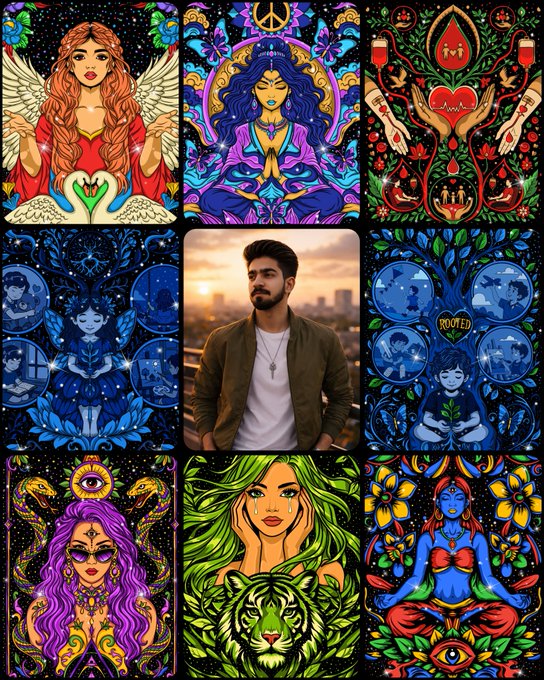 3x3 grid collage featuring eight vibrant mystical/spiritual illustrations of women, angels, snakes, globes, and a tiger surrounding a central photograph of a bearded young man in a brown jacket standing on a rooftop at sunset with 'ROOTED' text visible.